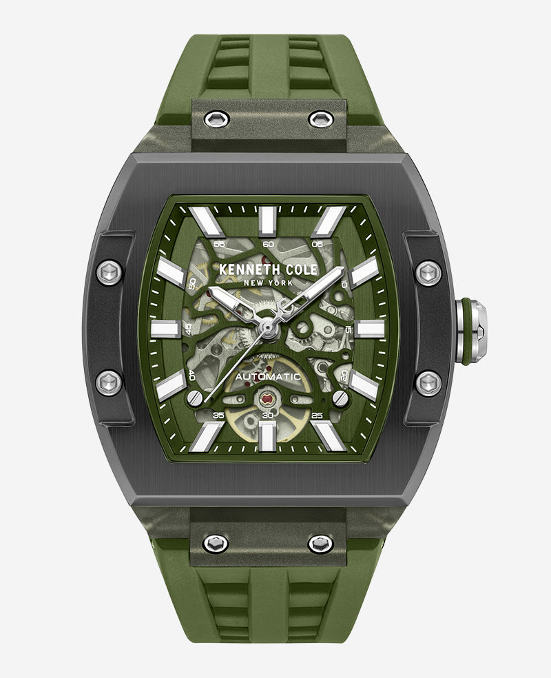 Kenneth Cole Skeleton Automatic Green Silicone Strap Watch | GREEN