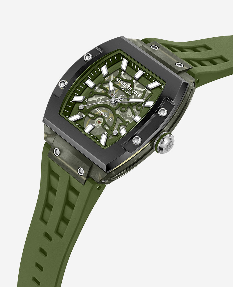 Kenneth Cole Skeleton Automatic Green Silicone Strap Watch | GREEN