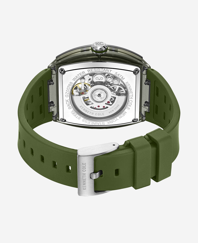 Kenneth Cole Skeleton Automatic Green Silicone Strap Watch | GREEN