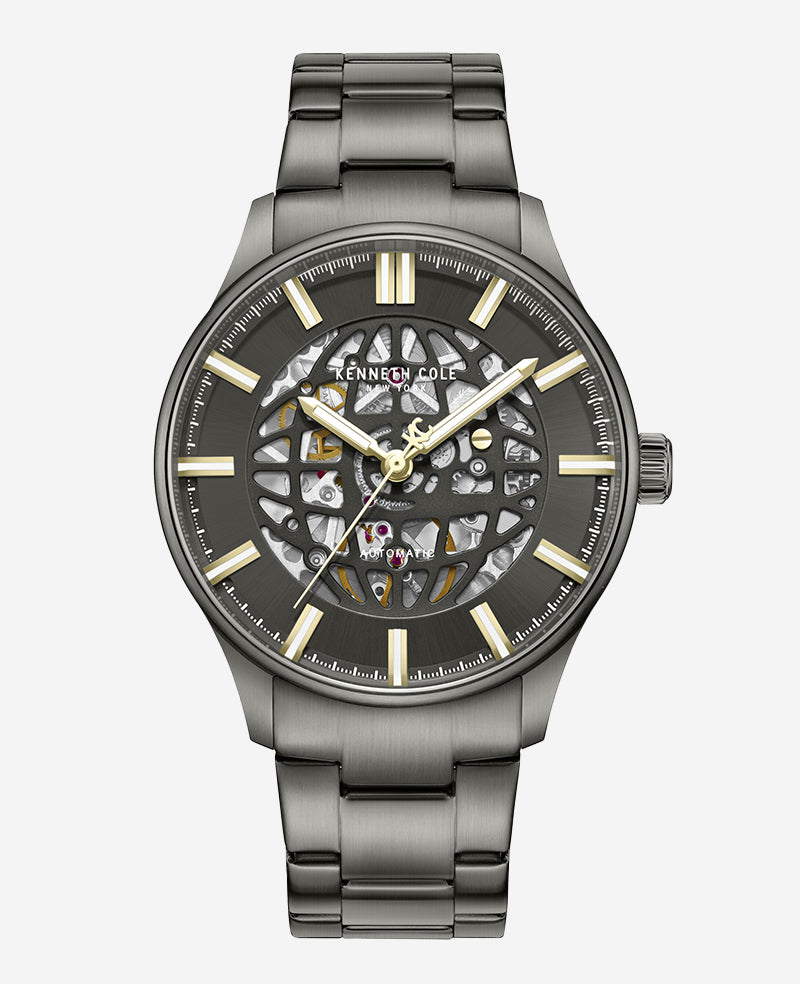 Kenneth Cole Skeleton Automatic Gun Metal Bracelet Watch | GUN