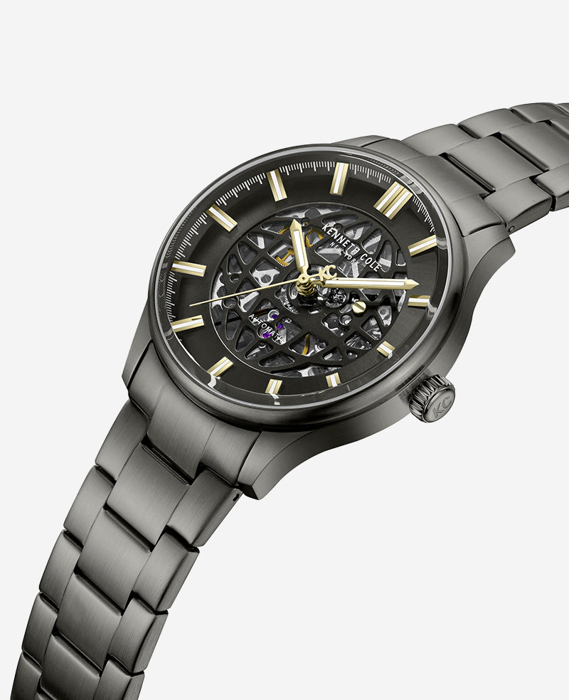 Kenneth Cole Skeleton Automatic Gun Metal Bracelet Watch | GUN
