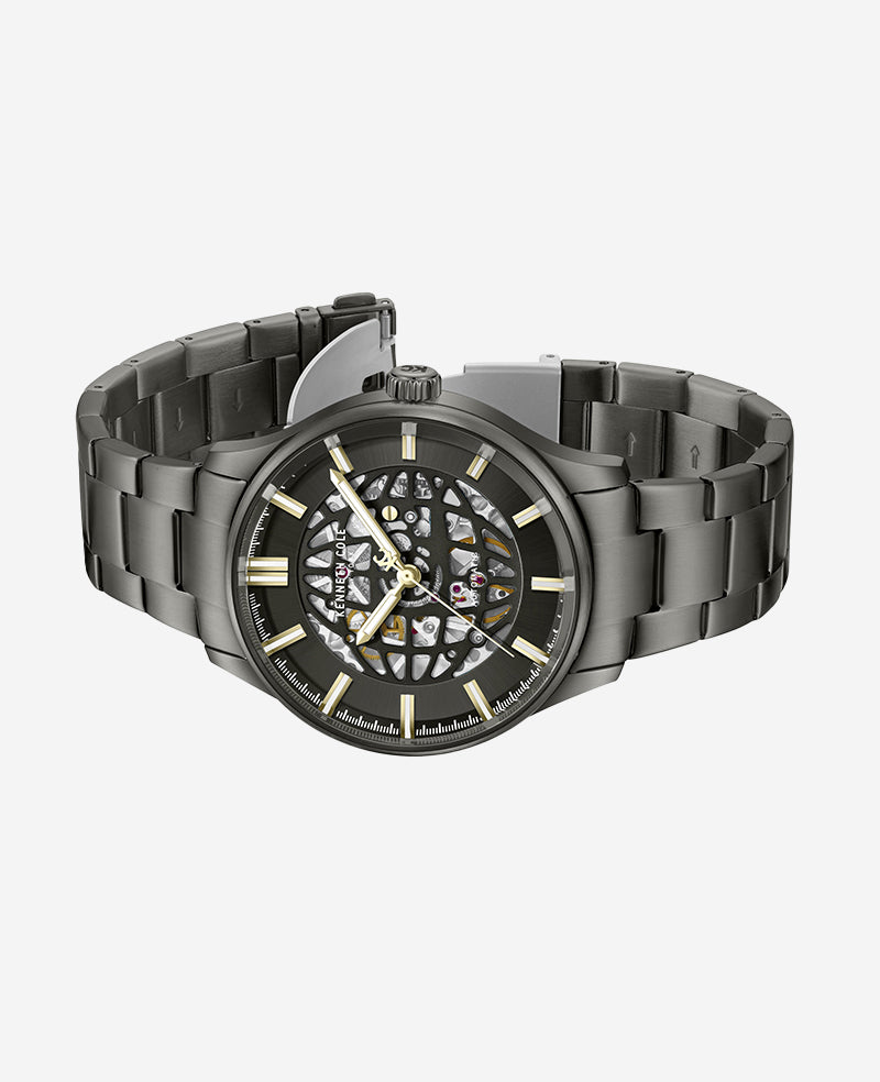 Kenneth Cole Skeleton Automatic Gun Metal Bracelet Watch | GUN