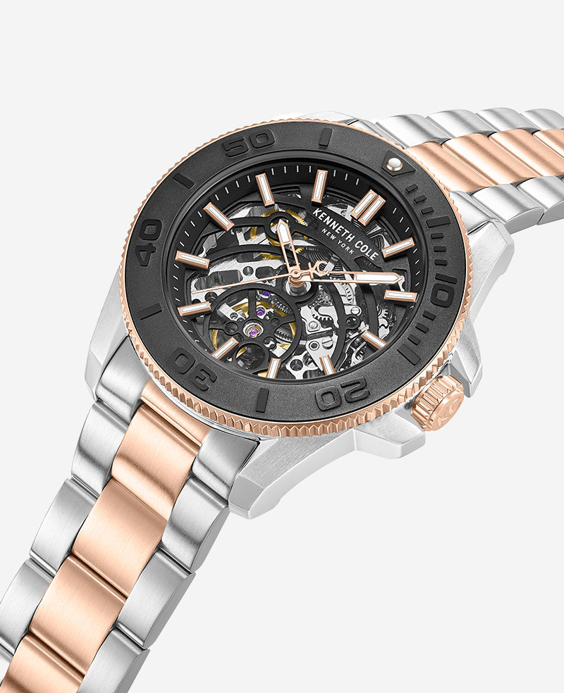 Kenneth Cole Skeleton Automatic Black Contrast Dial Two Tone Bracelet Watch | TT SILVER/ROSE GOLD