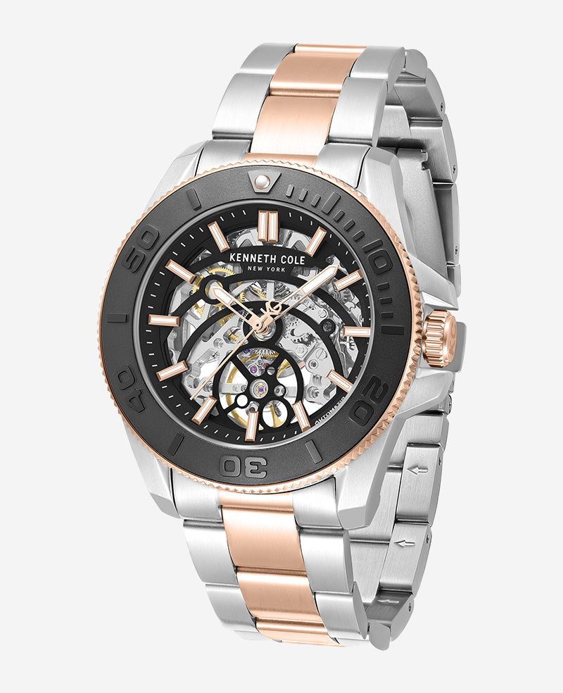 Kenneth Cole Skeleton Automatic Black Contrast Dial Two Tone Bracelet Watch | TT SILVER/ROSE GOLD