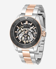 Kenneth Cole Skeleton Automatic Black Contrast Dial Two Tone Bracelet Watch | TT SILVER/ROSE GOLD