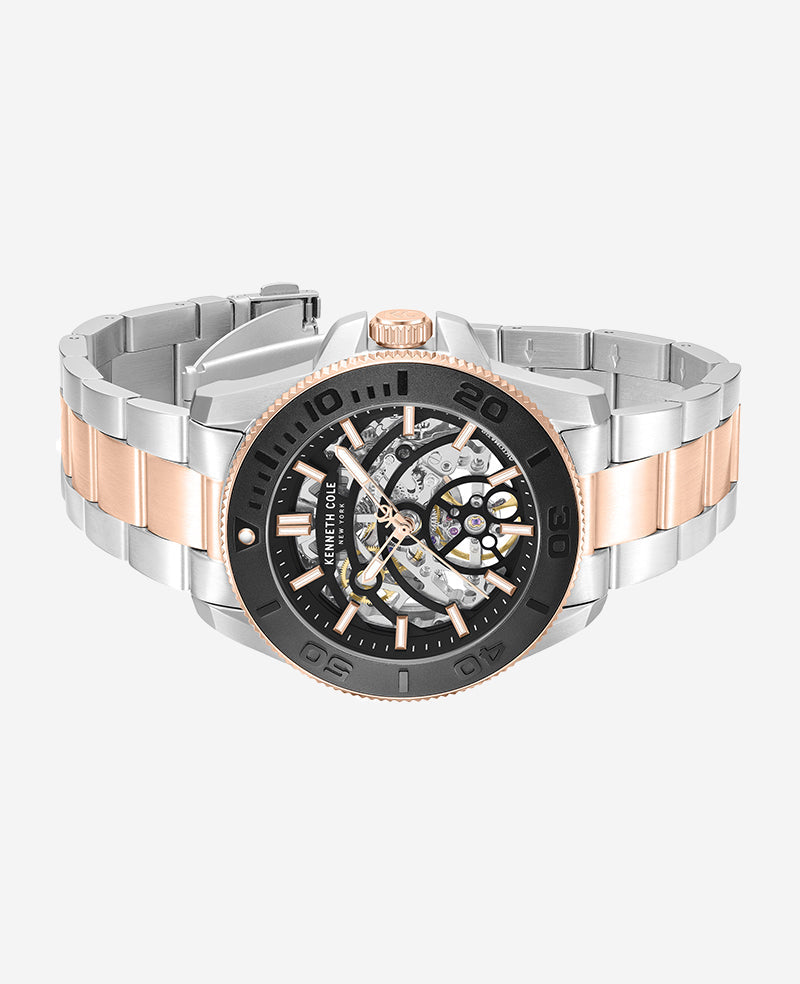 Kenneth Cole Skeleton Automatic Black Contrast Dial Two Tone Bracelet Watch | TT SILVER/ROSE GOLD