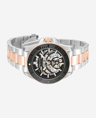 Kenneth Cole Skeleton Automatic Black Contrast Dial Two Tone Bracelet Watch | TT SILVER/ROSE GOLD