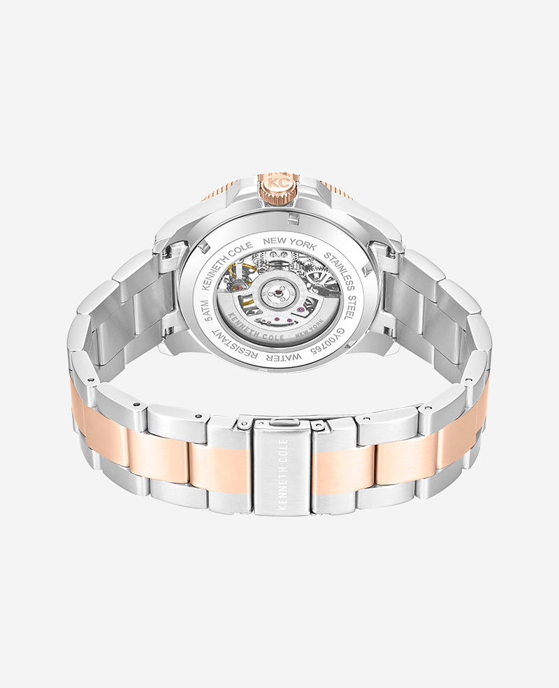 Kenneth Cole Skeleton Automatic Black Contrast Dial Two Tone Bracelet Watch | TT SILVER/ROSE GOLD