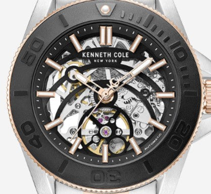 Kenneth Cole Skeleton Automatic Black Contrast Dial Two Tone Bracelet Watch | TT SILVER/ROSE GOLD