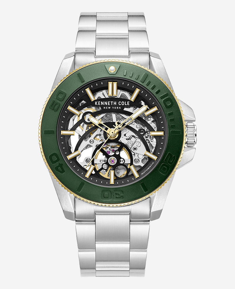 Kenneth Cole Skeleton Automatic Green Contrast Dial Bracelet Watch | SILVER/GREEN