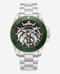 Kenneth Cole Skeleton Automatic Green Contrast Dial Bracelet Watch | SILVER/GREEN