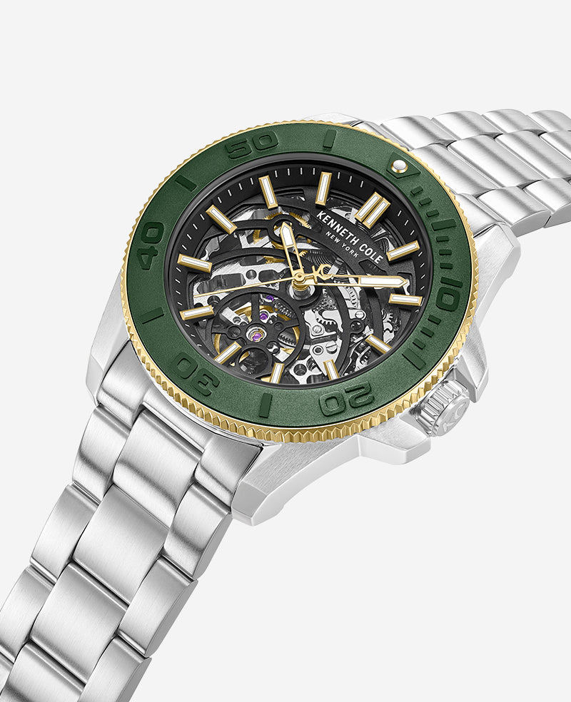 Kenneth Cole Skeleton Automatic Green Contrast Dial Bracelet Watch | SILVER/GREEN
