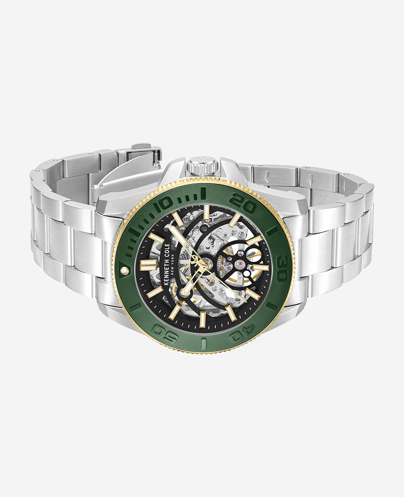 Kenneth Cole Skeleton Automatic Green Contrast Dial Bracelet Watch | SILVER/GREEN