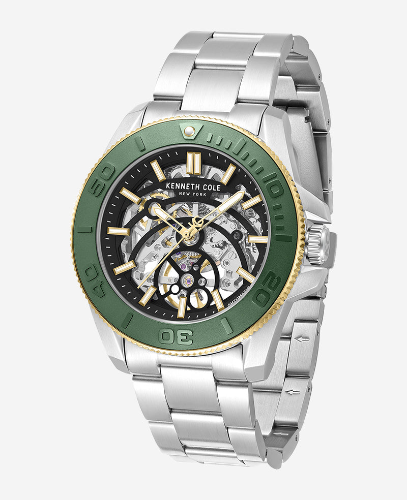 Kenneth Cole Skeleton Automatic Green Contrast Dial Bracelet Watch | SILVER/GREEN