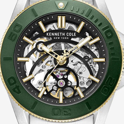 Kenneth Cole Skeleton Automatic Green Contrast Dial Bracelet Watch | SILVER/GREEN