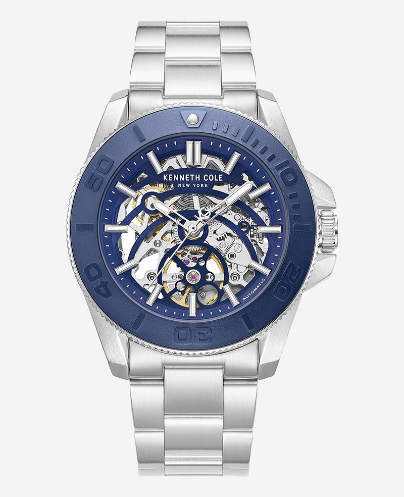 Kenneth Cole Skeleton Automatic Blue Contrast Dial Bracelet Watch | SILVER/BLUE
