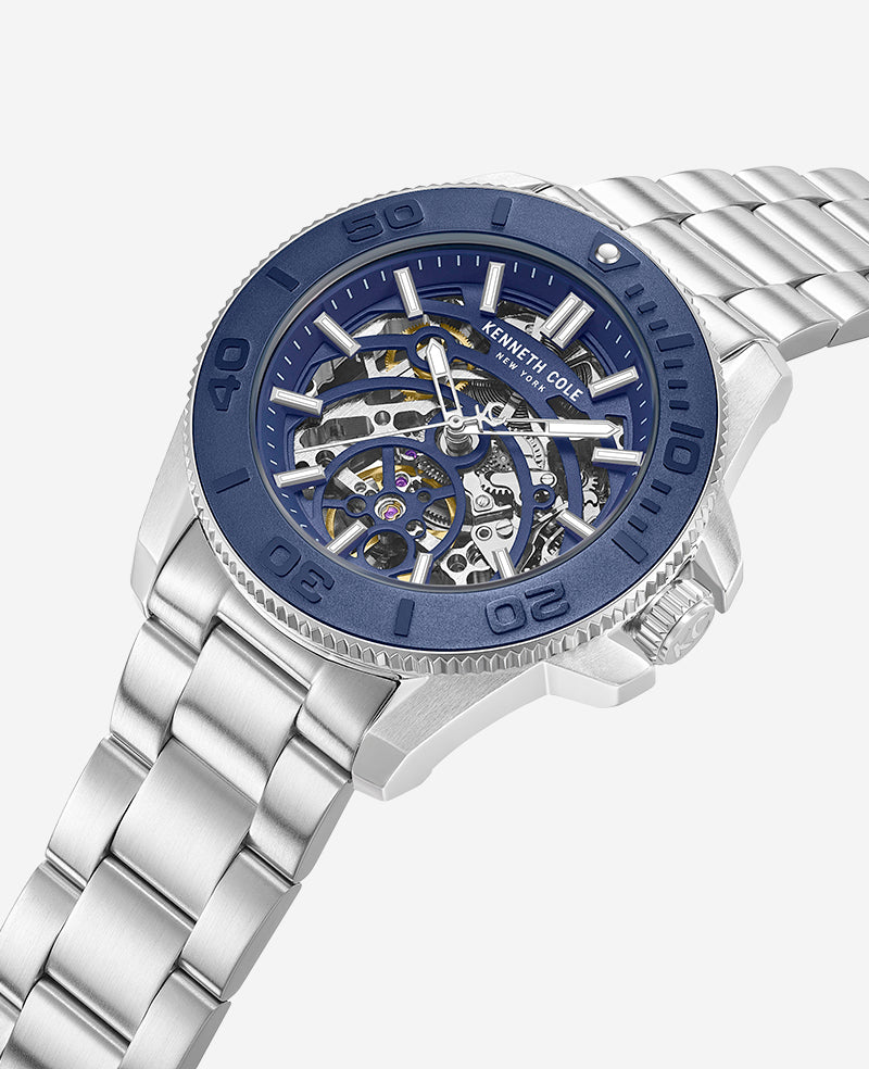Kenneth Cole Skeleton Automatic Blue Contrast Dial Bracelet Watch | SILVER/BLUE
