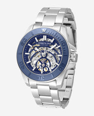 Kenneth Cole Skeleton Automatic Blue Contrast Dial Bracelet Watch | SILVER/BLUE
