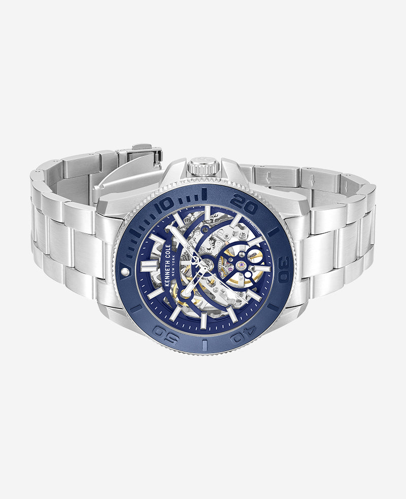 Kenneth Cole Skeleton Automatic Blue Contrast Dial Bracelet Watch | SILVER/BLUE
