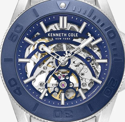 Kenneth Cole Skeleton Automatic Blue Contrast Dial Bracelet Watch | SILVER/BLUE