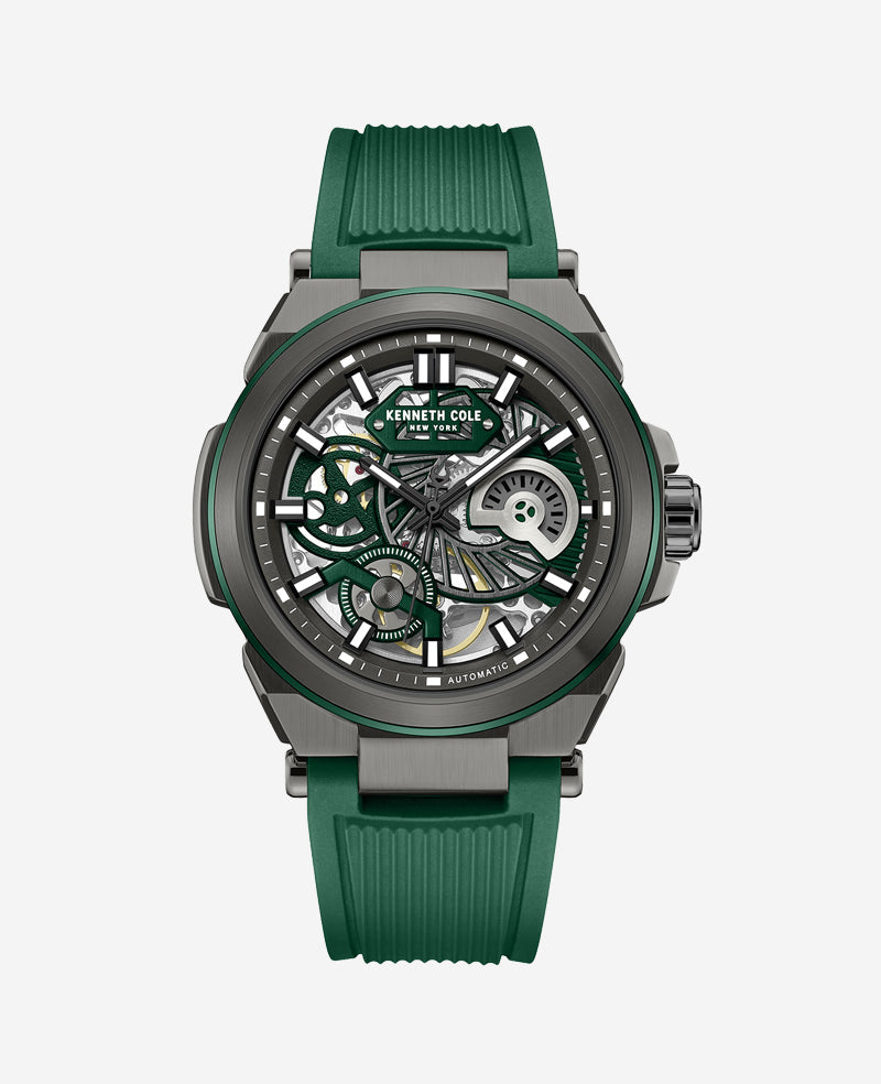 Kenneth Cole Shop Men’s Skeleton Automatic Silicone Watch in Green | KC | GREEN