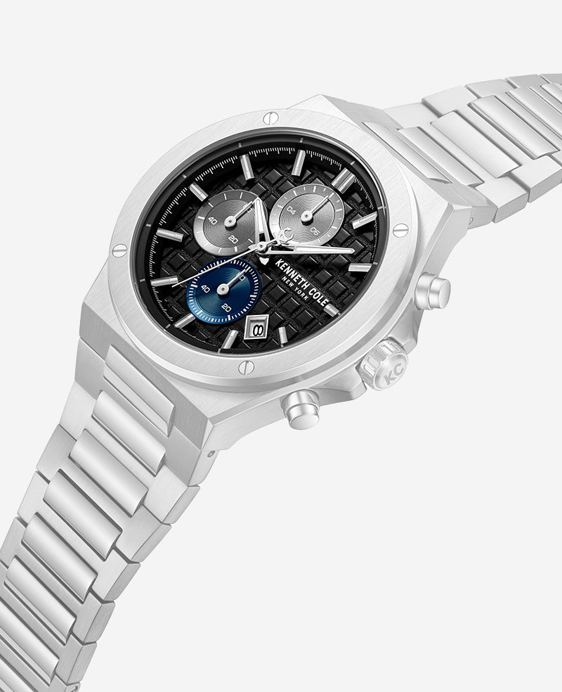 Kenneth Cole Dress Sport Chronograph Black Dial Stainless Steel Bracelet Watch | SILVER