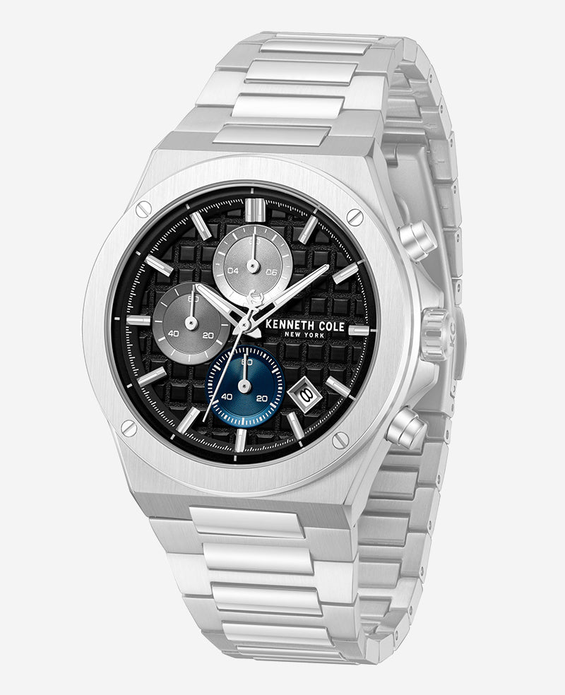 Kenneth Cole Dress Sport Chronograph Black Dial Stainless Steel Bracelet Watch | SILVER