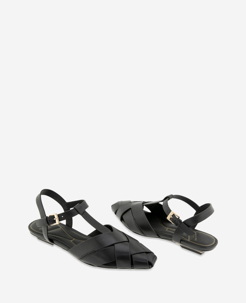 Kenneth Cole Bindy Woven Leather T-Strap Sandal | BLACK LEATHER