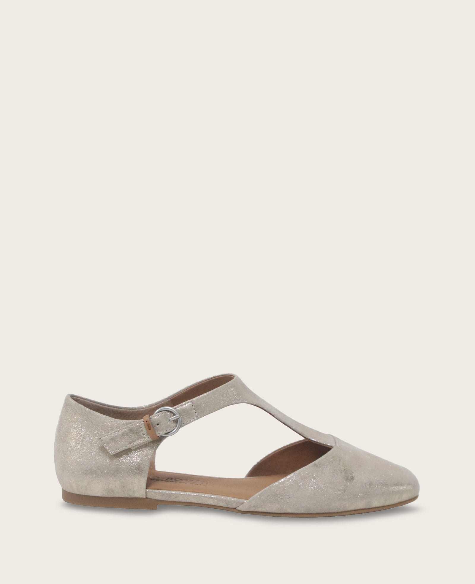 Kenneth Cole Wyatt Metallic T-Strap Flat in Gravel | Gentle Souls KC | GRAVEL LEATHER