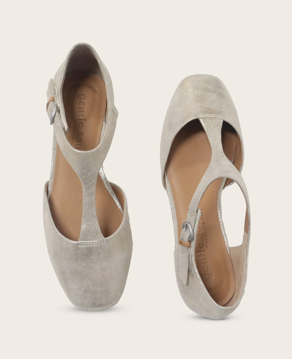 Kenneth Cole Wyatt Metallic T-Strap Flat in Gravel | Gentle Souls KC | GRAVEL LEATHER