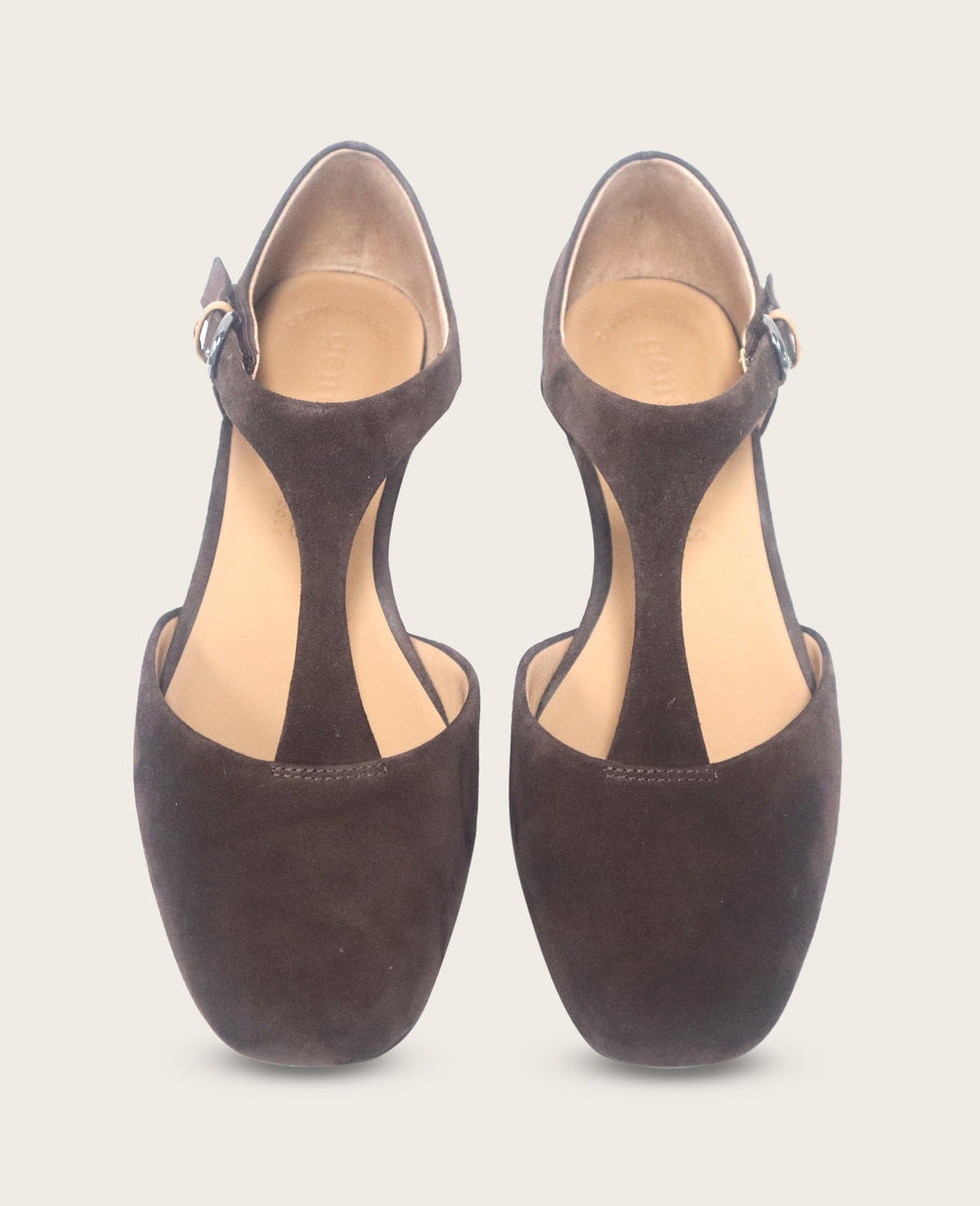 Kenneth Cole Wyatt Suede T-Strap Flat in Chocolate | Gentle Souls KC | CHOCOLATE SUEDE