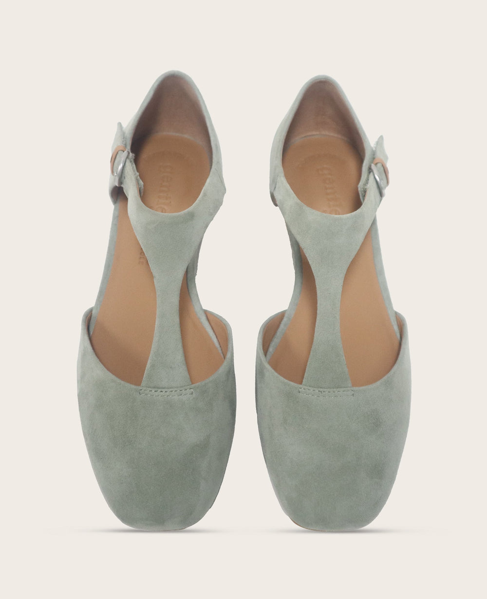 Kenneth Cole Wyatt Suede T-Strap Flat in Sage | Gentle Souls by KC | SAGE SUEDE