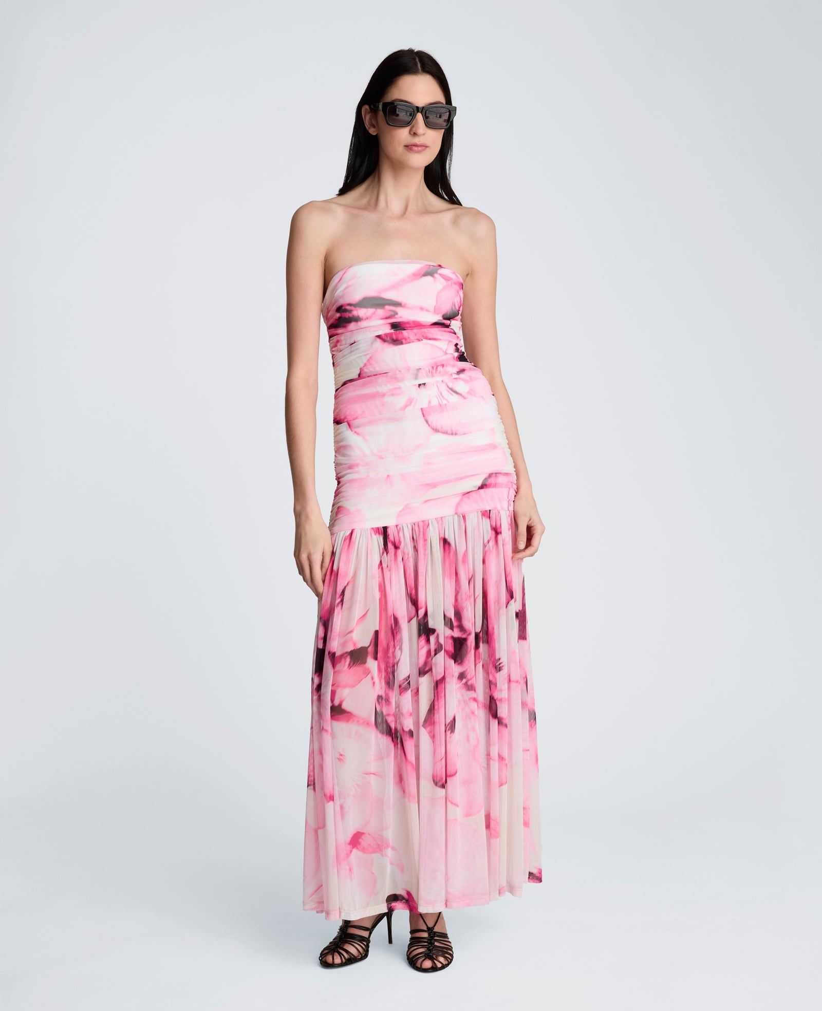 Kenneth Cole Printed Mesh Strapless Maxi Dress | POP PINK MULTI