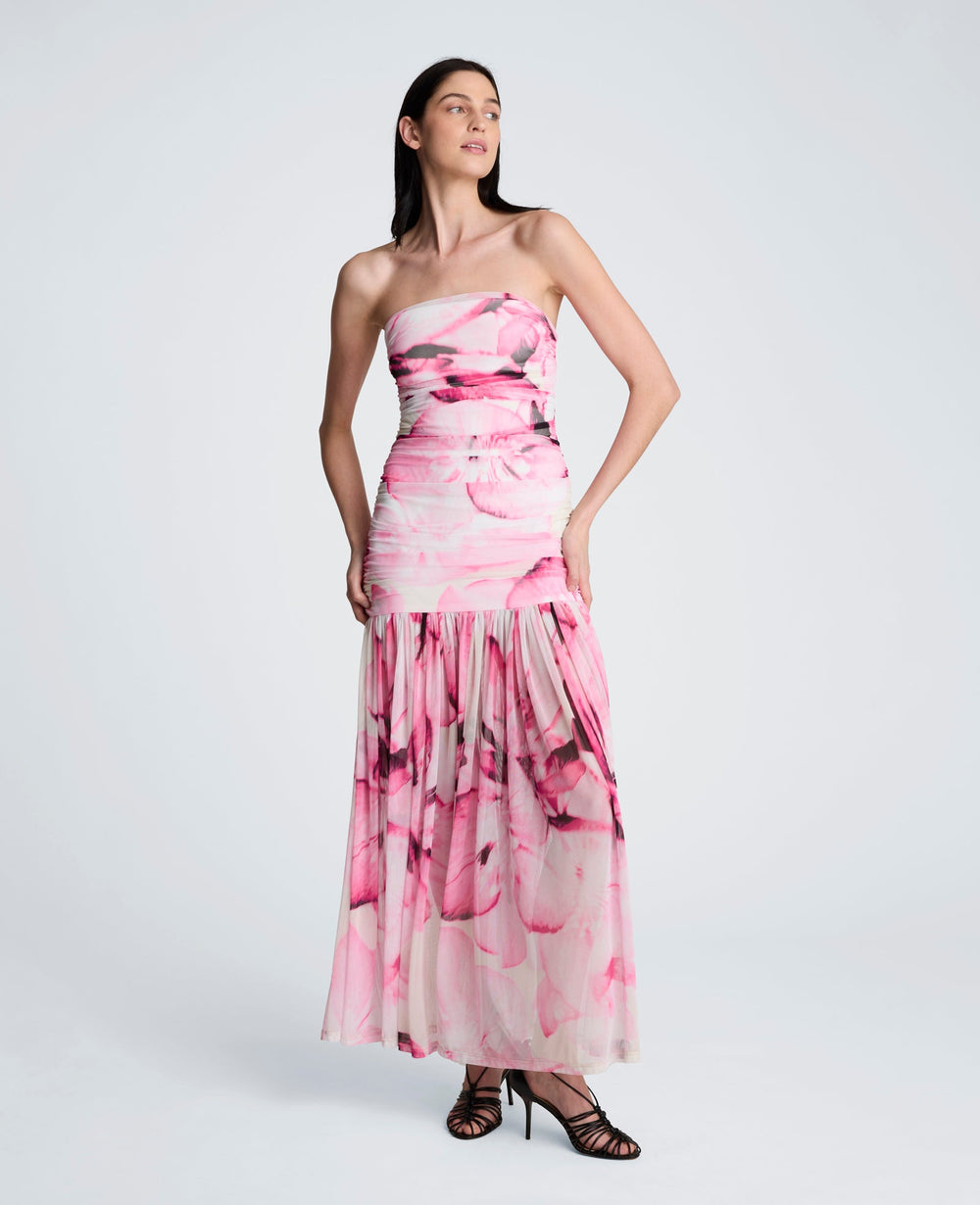 Kenneth Cole Printed Mesh Strapless Maxi Dress | POP PINK MULTI