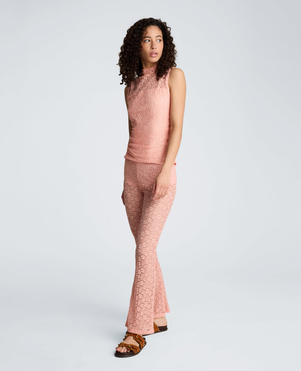 Kenneth Cole Stretch Lace Front Drape Mock Neck Tank | SOFT PEACH
