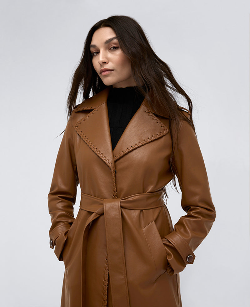 Kenneth Cole Faux Leather Belted Trench Coat – Cognac | Kenneth Cole | COGNAC
