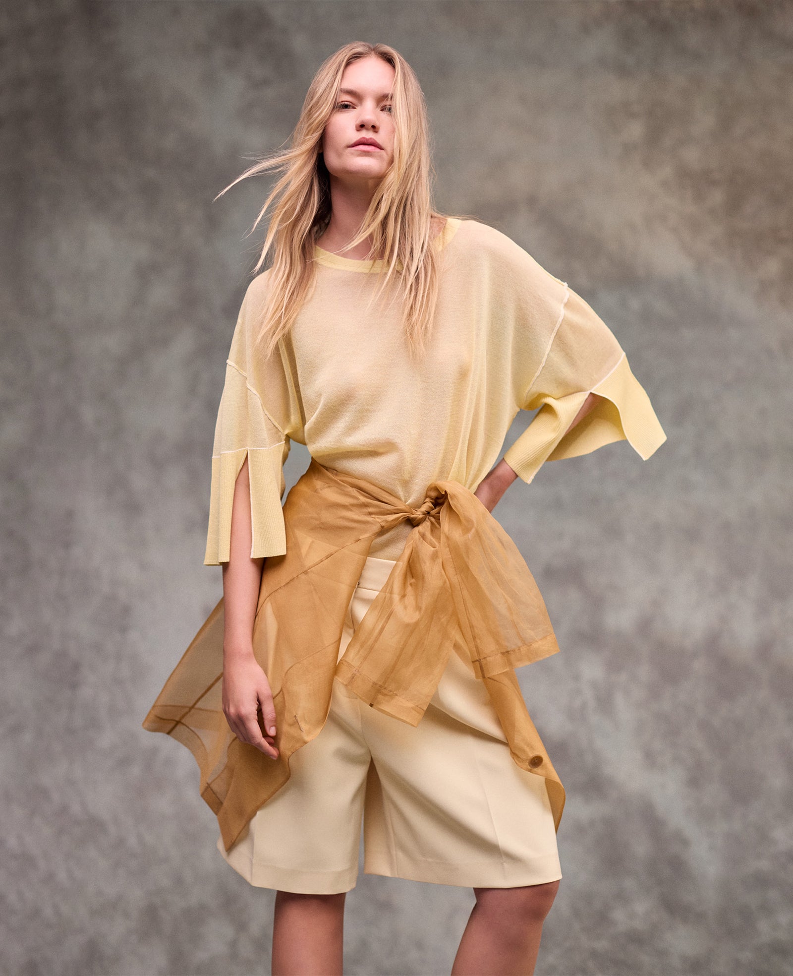 Kenneth Cole Semi Sheer Crew Neck with Slit Sleeves | PASTEL YELLOW