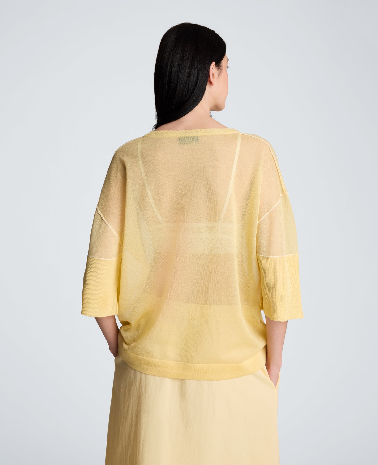 Kenneth Cole Semi Sheer Crew Neck with Slit Sleeves | PASTEL YELLOW