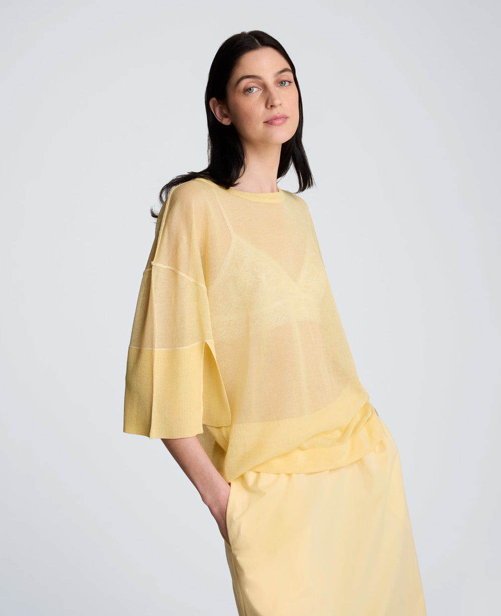 Kenneth Cole Semi Sheer Crew Neck with Slit Sleeves | PASTEL YELLOW