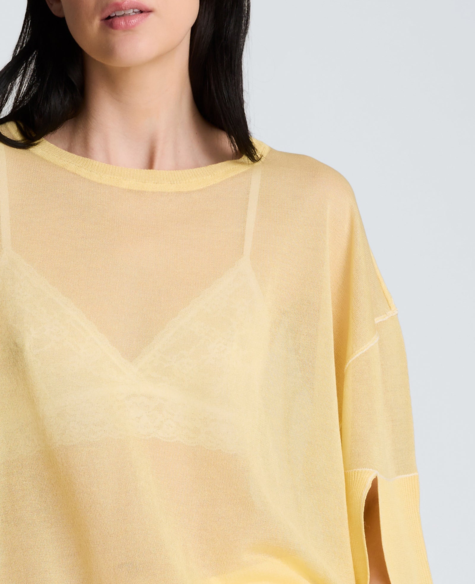 Kenneth Cole Semi Sheer Crew Neck with Slit Sleeves | PASTEL YELLOW