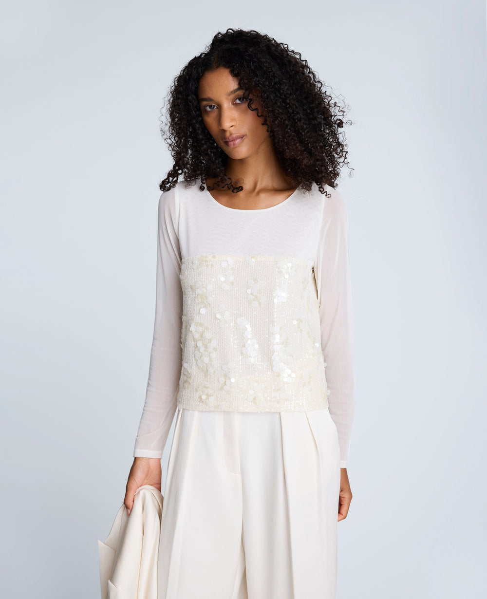 Kenneth Cole Shop Sequin Mesh Long Sleeve Top in Oyster | Kenneth Cole | OYSTER