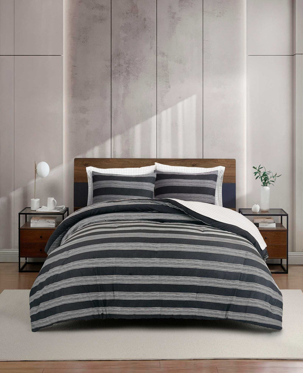 Kenneth Cole Banded Stripe Textured Comforter Set | CHARCOAL