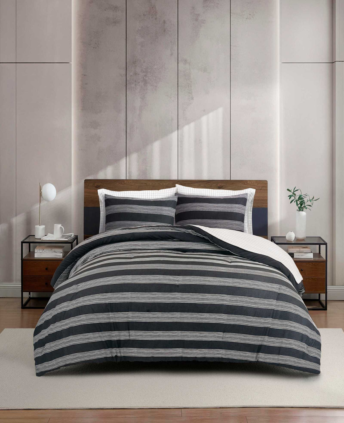 Kenneth Cole Banded Stripe Textured Comforter Set | CHARCOAL