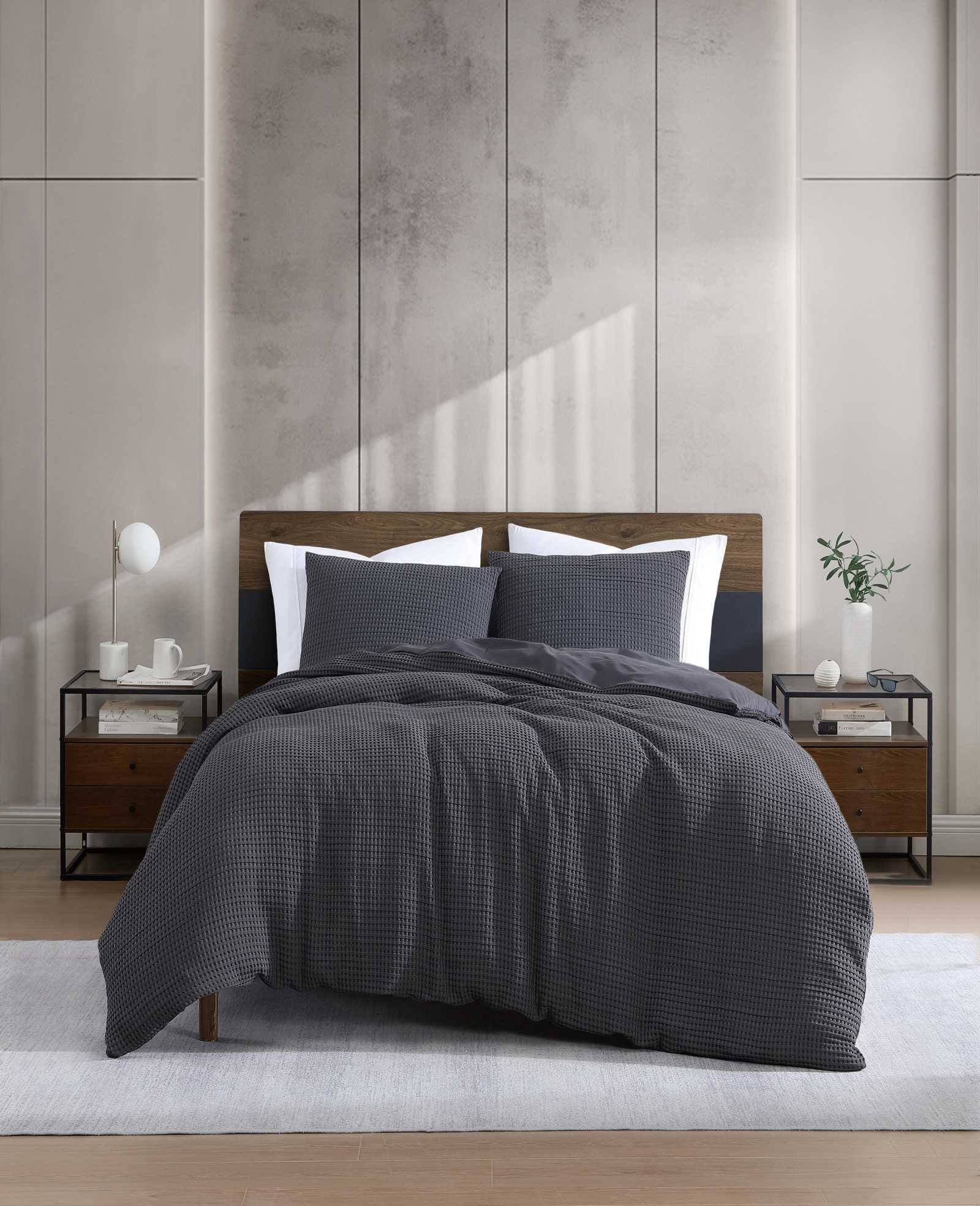 Kenneth Cole Solid Waffle Duvet Set | CHARCOAL