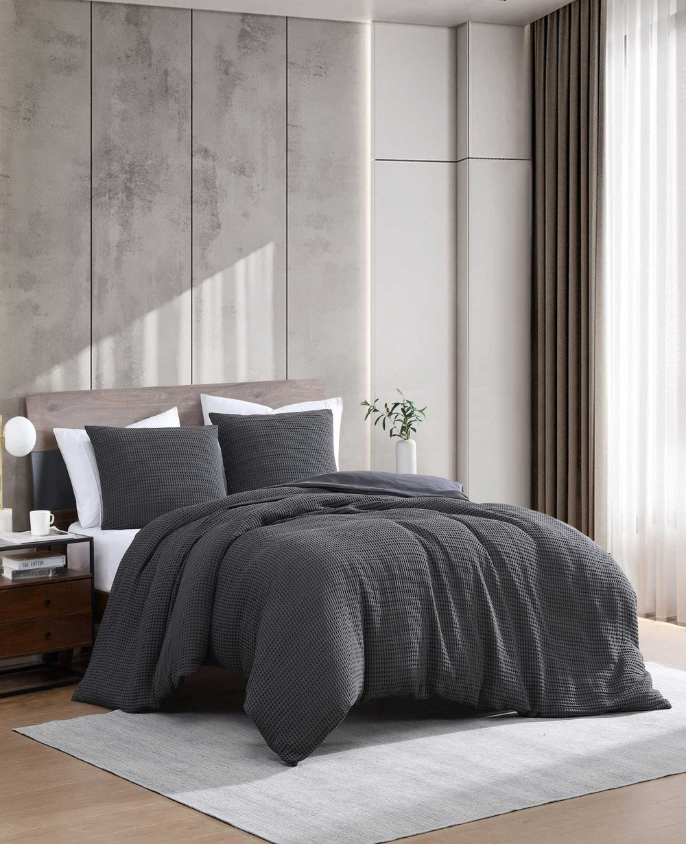 Kenneth Cole Solid Waffle Duvet Set | CHARCOAL