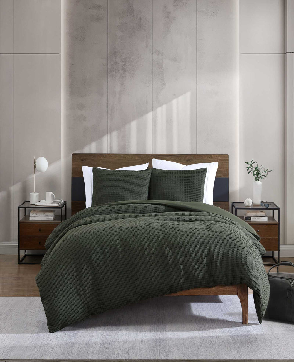 Kenneth Cole Solid Waffle Duvet Set | GREEN