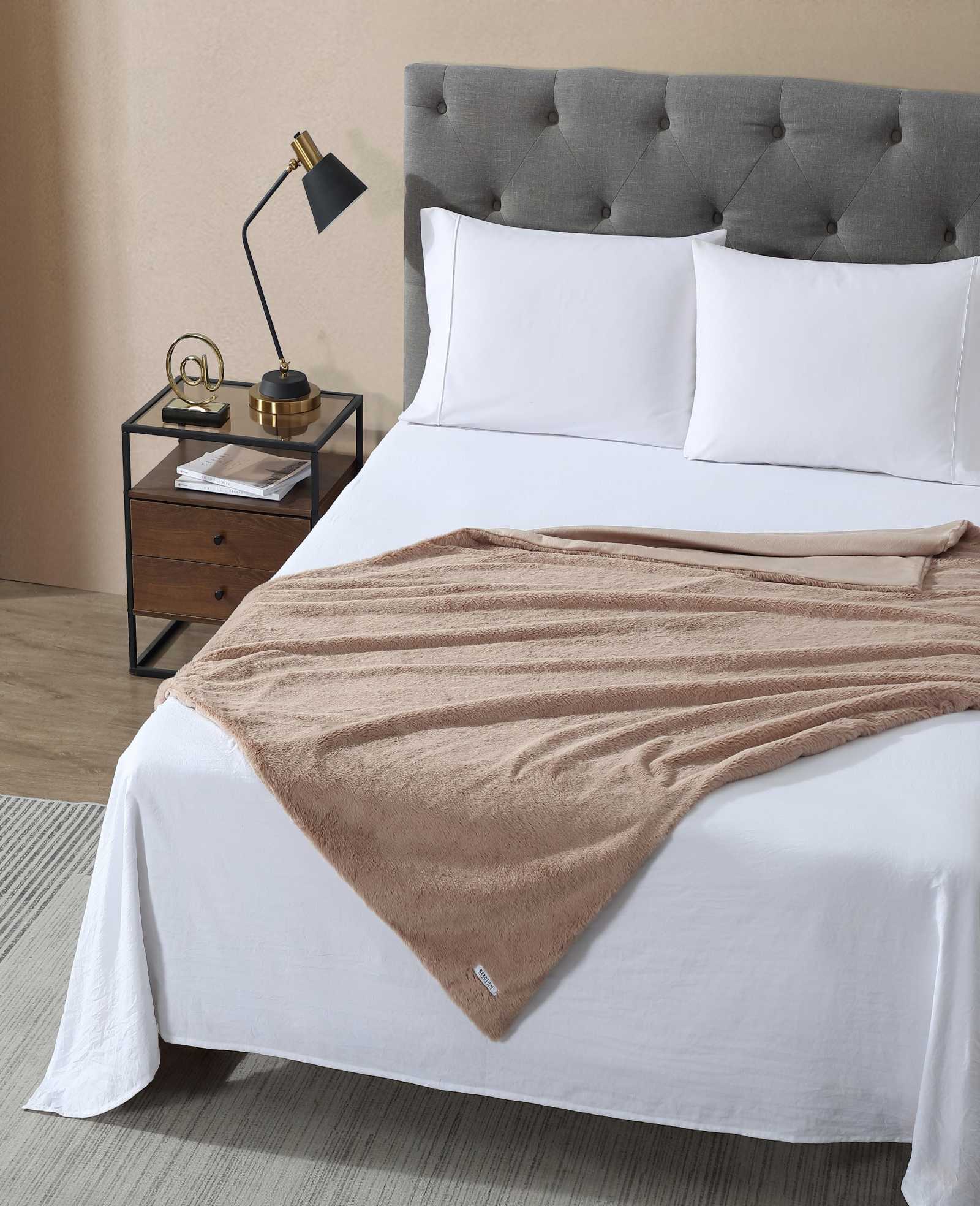 Kenneth Cole Faux Fur Solid Throw Blanket | BEIGE
