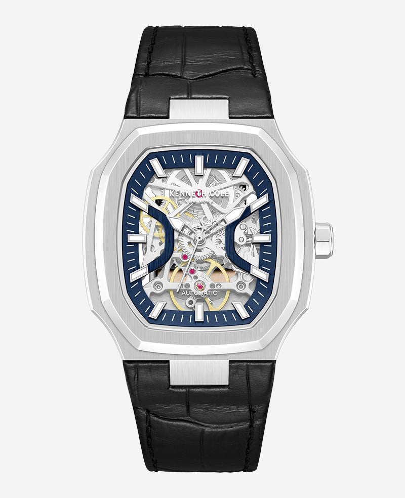 Kenneth Cole Skeleton Automatic Two-Tone Dial Leather Strap Watch | SILVER