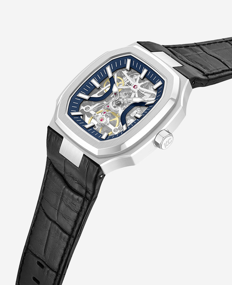 Kenneth Cole Skeleton Automatic Two-Tone Dial Leather Strap Watch | SILVER