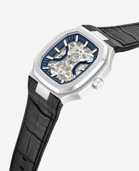Kenneth Cole Skeleton Automatic Two-Tone Dial Leather Strap Watch | SILVER